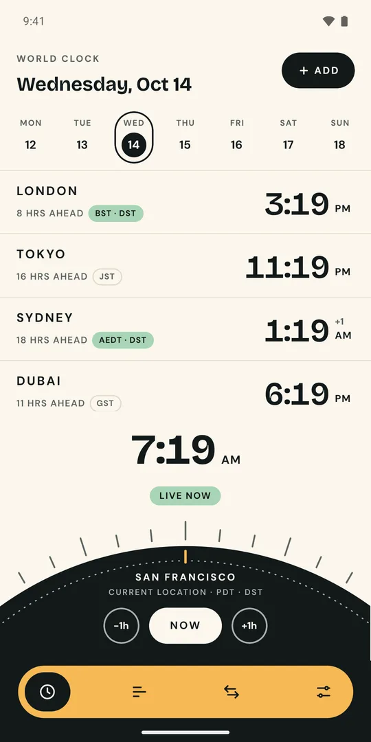 Hourline home screen: London, Tokyo, Sydney and Dubai with their times, DST tags and a dial for time travel