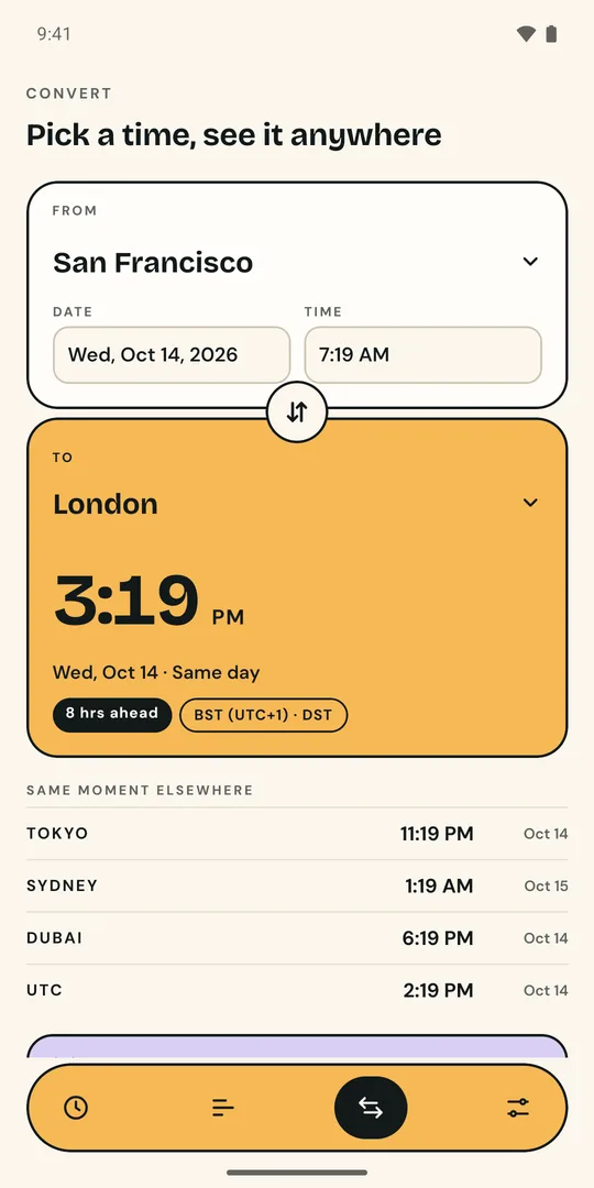 Convert screen: 7:19 AM in San Francisco is 3:19 PM in London, BST (UTC+1)