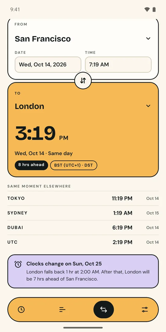 Card reading: Clocks change on Sun, Oct 25. London falls back 1 hr at 2:00 AM. After that, London will be 7 hrs ahead of San Francisco.