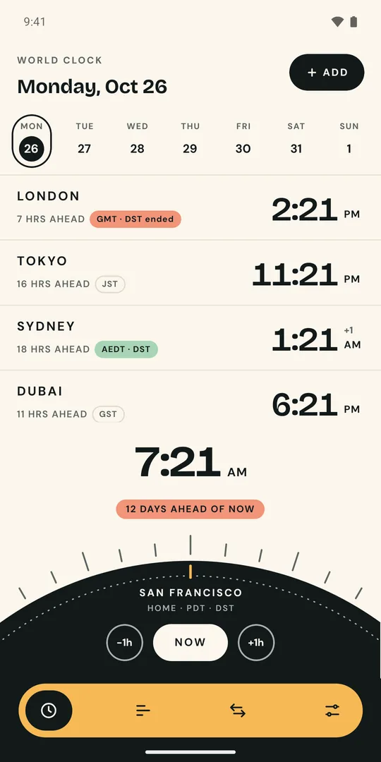 Time travel to Monday 26 October: London is tagged GMT, DST ended, and the banner says 12 days ahead of now