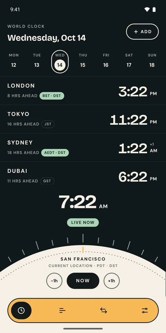 Hourline home screen in dark mode